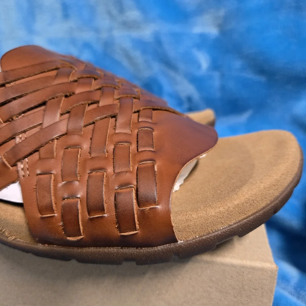 Taos Footwear Cognac Tan Woven Leather Slide Sandal